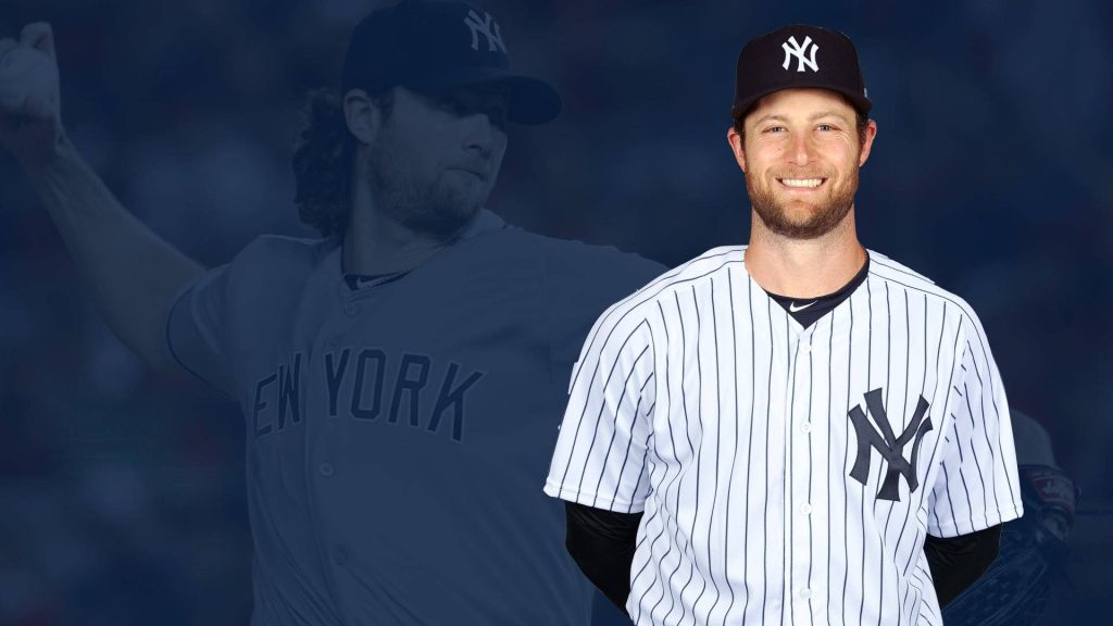 Gerrit Cole New York Yankees wallpaper with portrait and faded pitching action MLB background