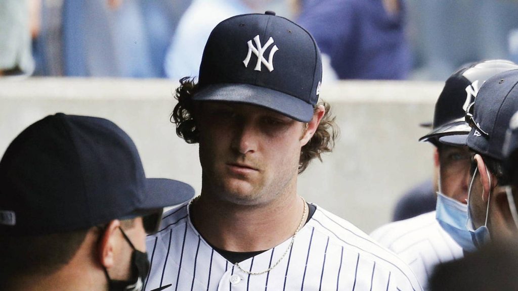 New York Yankees pitcher Gerrit Cole focused in pinstripe uniform MLB ace wallpaper background