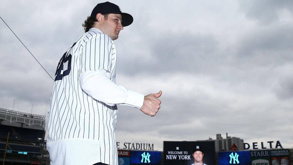 Gerrit Cole Yankees pitcher thumbs up in pinstripe jersey at Yankee Stadium baseball wallpaper