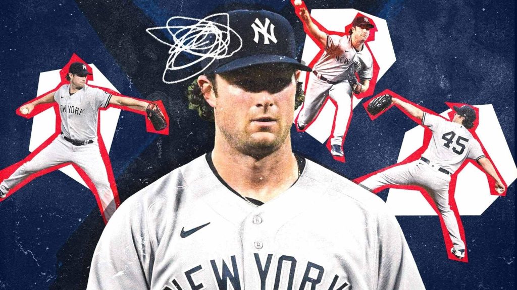Gerrit Cole New York Yankees pitching collage wallpaper with red outlines on navy background