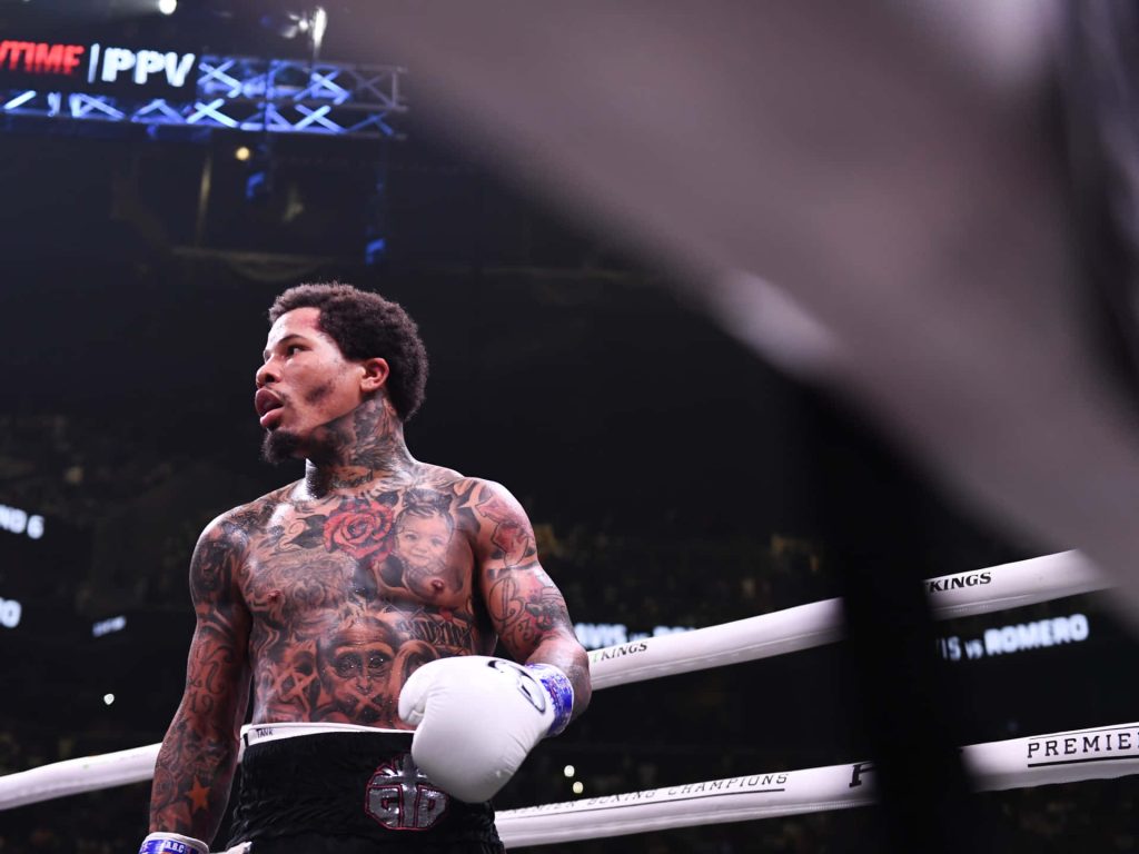 Gervonta Tank Davis boxing action photo with tattoos white gloves Premier Boxing Champions ring Wallpaper