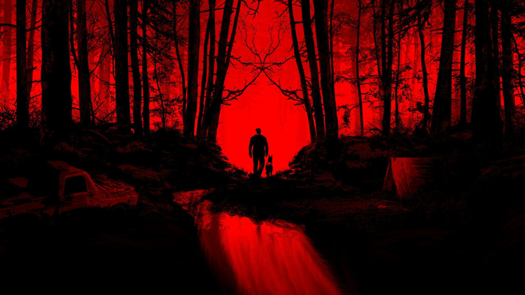 Petrifying Pleasure: Blair Witch-themed Black and Red Gaming Wallpaper featuring Eerie Tree Silhouettes & Mysterious Characters on a Blood-curdling Red backdrop