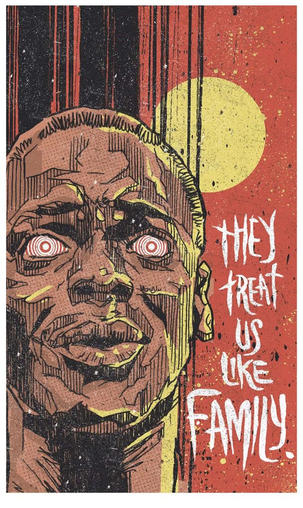Comic-style Get Out wallpaper of Chris Washington with hypnotic gaze and red yellow textures
