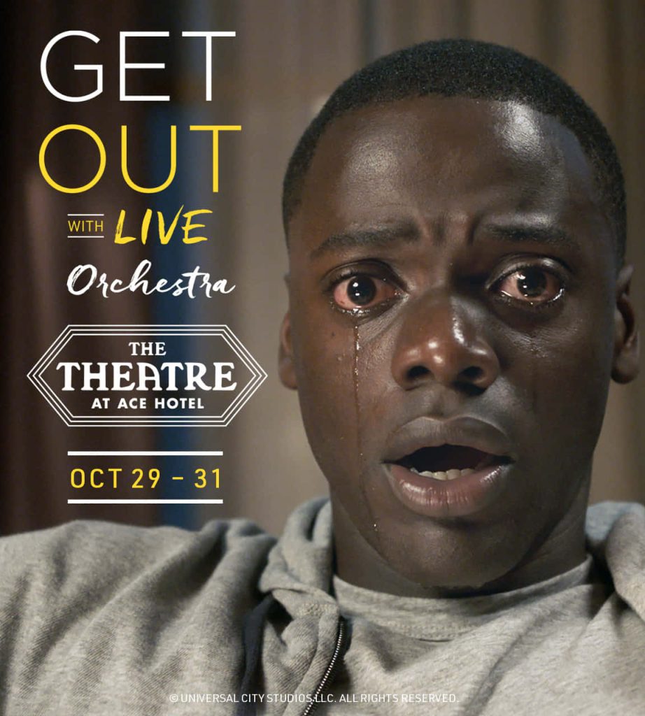 Promotional poster for Get Out live orchestra at Ace Hotel featuring emotional Daniel Kaluuya portrait Wallpaper