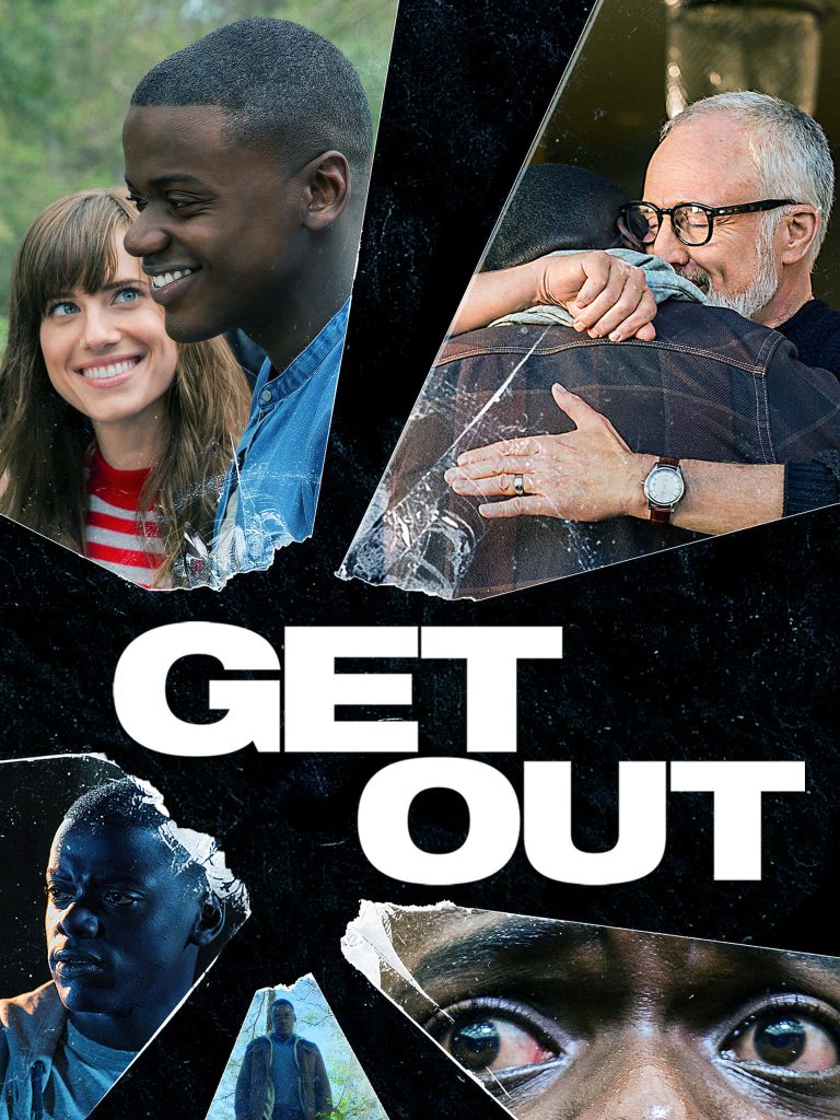 Get Out movie collage wallpaper with Daniel Kaluuya Allison Williams intense shattered paper effect