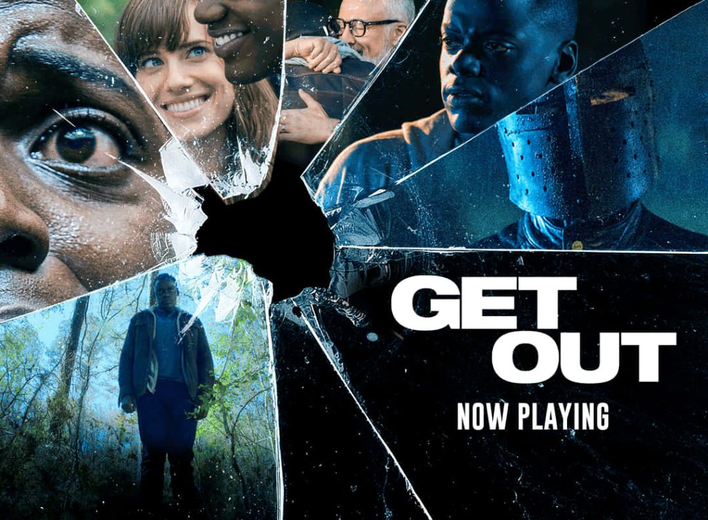 Get Out movie collage with shattered glass featuring Daniel Kaluuya and suspenseful thriller mood Wallpaper