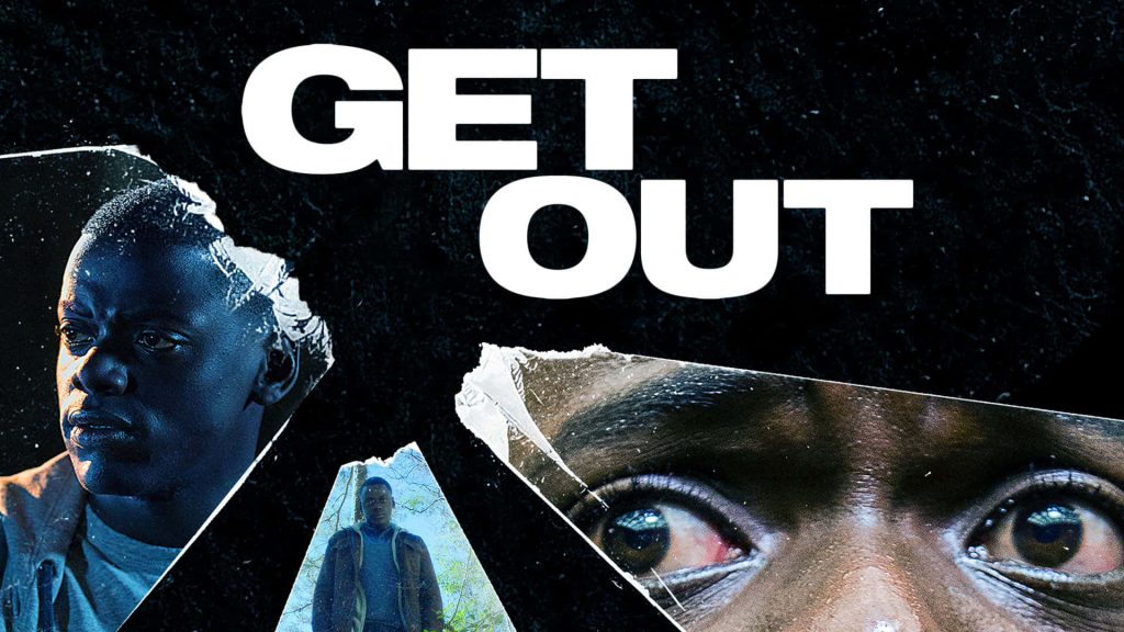 Get Out movie poster with fragmented Daniel Kaluuya dark design psychological horror wallpaper