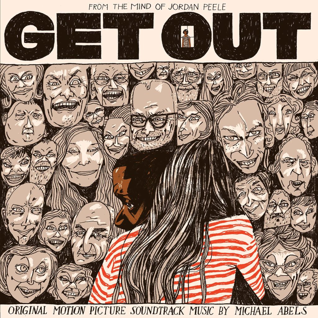 Get Out movie wallpaper with Chris and Rose surrounded by a menacing grinning crowd ink-style art
