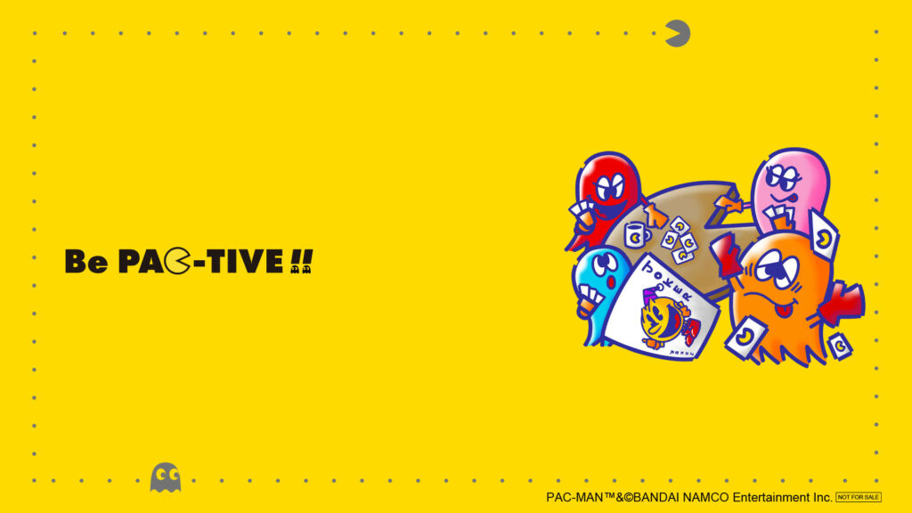 Playful Pac-Man Pals: Clyde, Pinky, Blinky, and Inky Deal Pac-Man's Cards on a Vibrant Yellow Background! Wallpaper