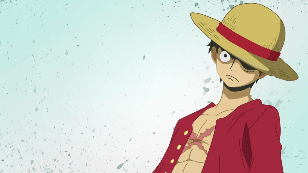 One Piece Monkey D Luffy digital wallpaper anime portrait with straw hat and chest scar background