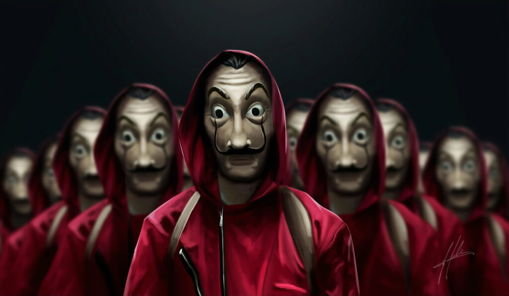 4K Wallpaper of La Casa de Papel Character in Red Jumpsuit and Salvador Dalí Mask portrays Unity and Resistance