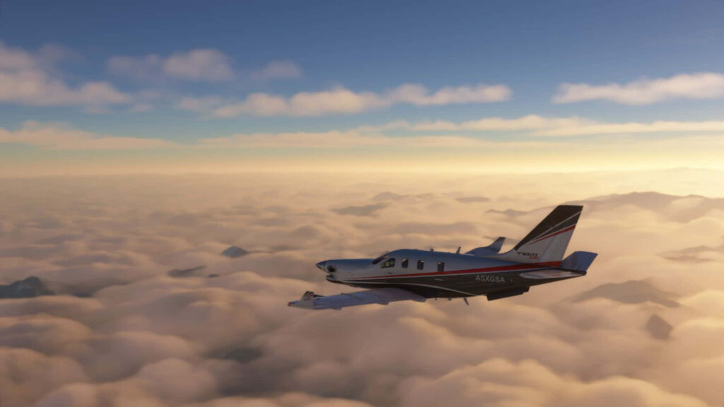 Spectacular single-engine aircraft flying above clouds in sunrise or sunset, perfect wallpaper