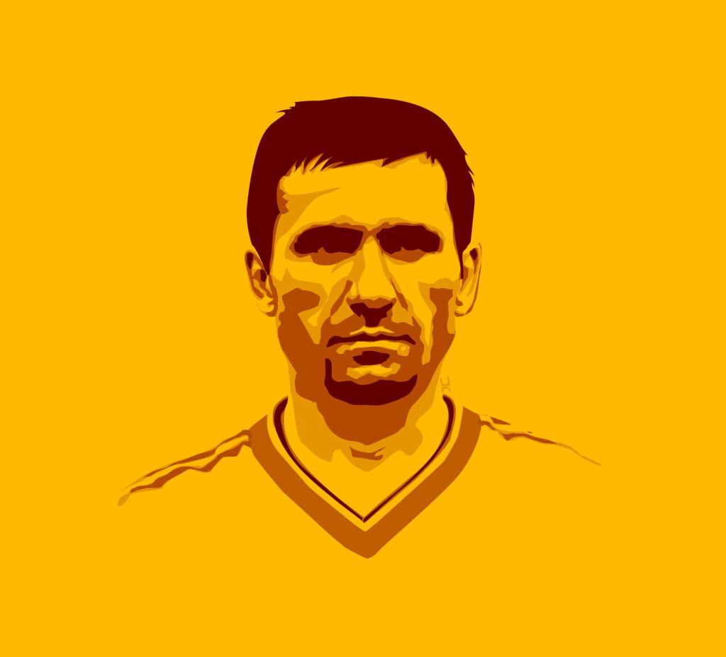 Minimalist digital portrait of Romanian football legend Gheorghe Hagi in yellow and red tones Wallpaper