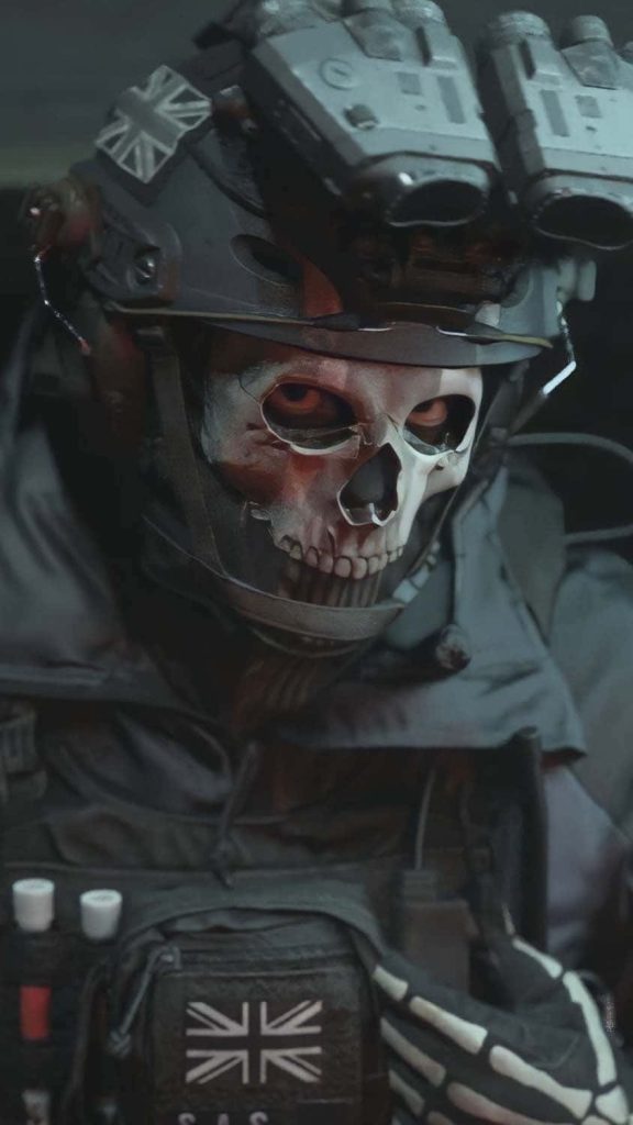 Ghost MW2 wallpaper featuring Simon Ghost Riley in skull mask tactical gear UK flag patch