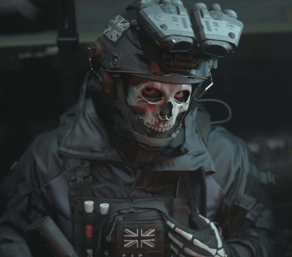 Ghost MW2 wallpaper featuring Simon Riley skull mask tactical gear NVGs Union Jack patch