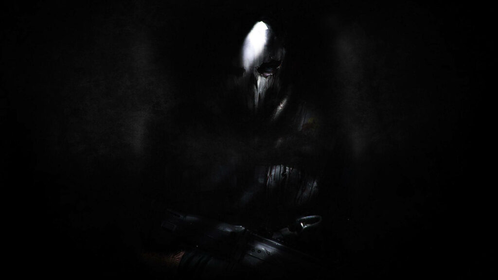 Mysterious soldier in haunting white ghost mask emerging from shadows dark intense wallpaper