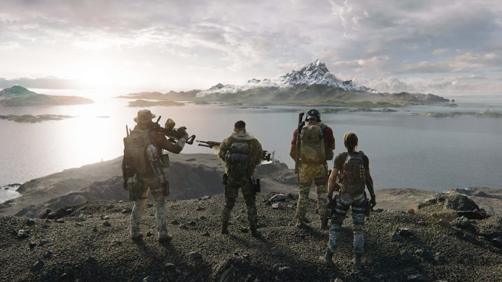 Tactical Ghost Recon squad overlooks lake and snow-capped mountains in cinematic sunlight Wallpaper
