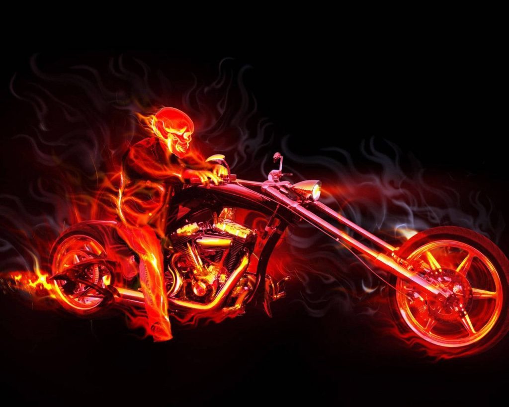 Ghost Rider 3D wallpaper blazing hellfire on custom chopper intense red orange flames