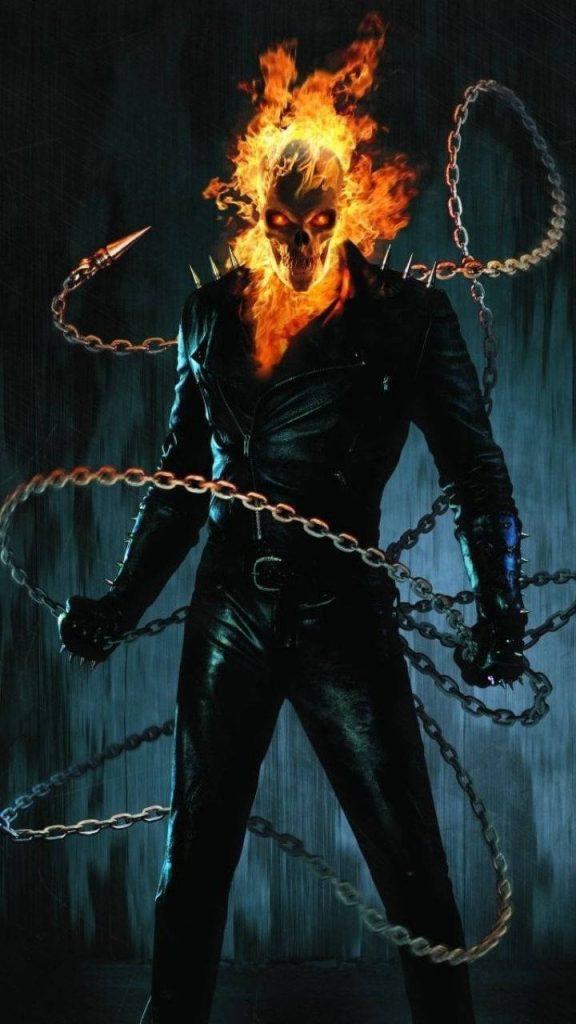 Marvel Ghost Rider digital art flaming skull orange eyes punk leather chains wallpaper