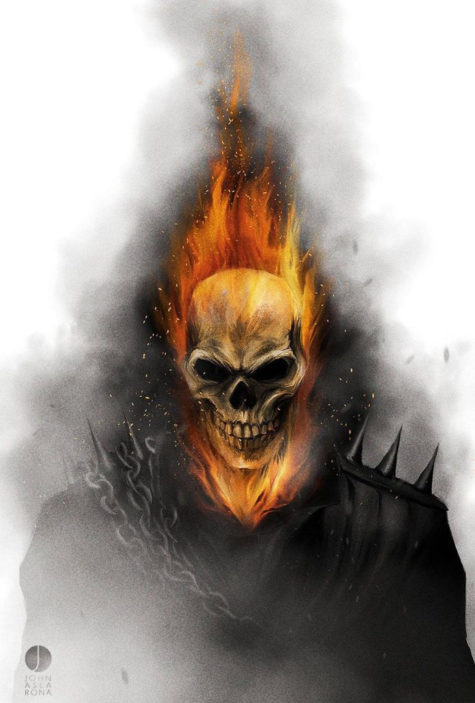 Dark digital art of Marvel Ghost Rider with flaming skull smoky background and spiked leather jacket Wallpaper