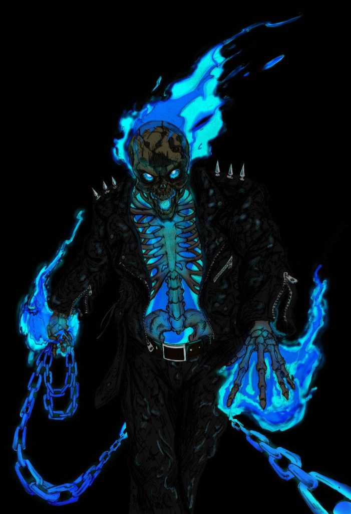 Ghost Rider digital art with blue flames skeletal figure black leather jacket glowing chains wallpaper