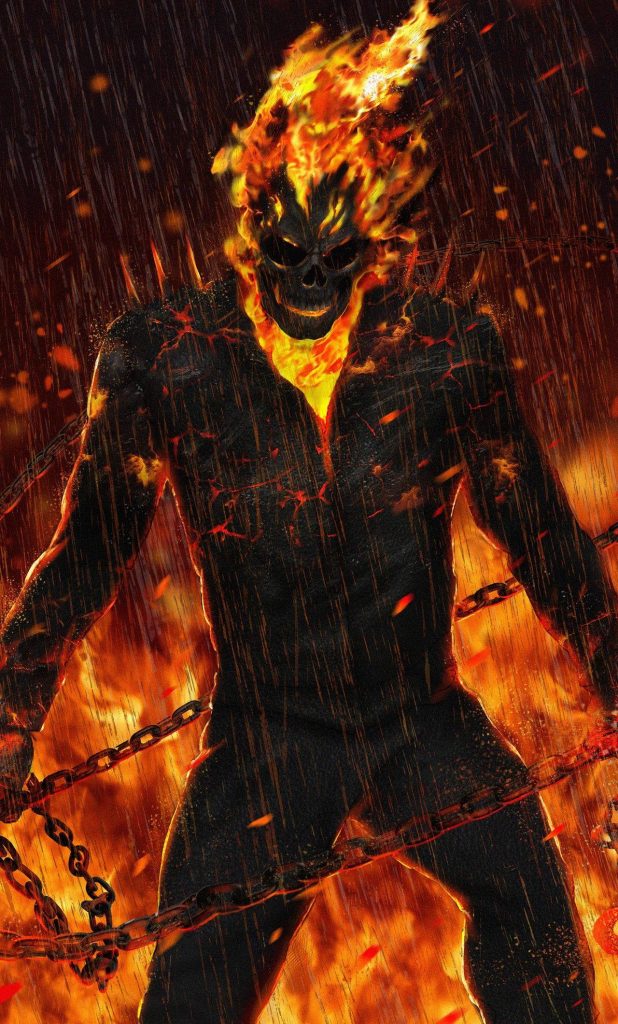 Marvel Ghost Rider digital art wallpaper flaming skull glowing body chains dark rain inferno