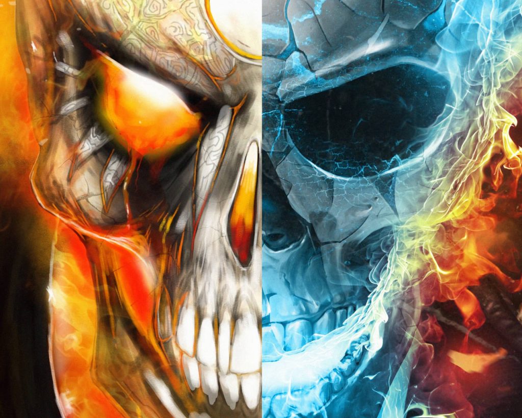 Marvel Ghost Rider split portrait with orange and blue flames glowing supernatural skull wallpaper