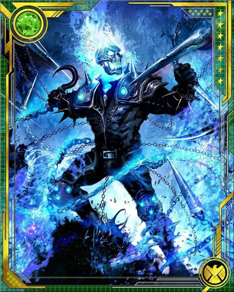 Ghost Rider digital art wallpaper electric blue flames spiked armor chains green gold frame