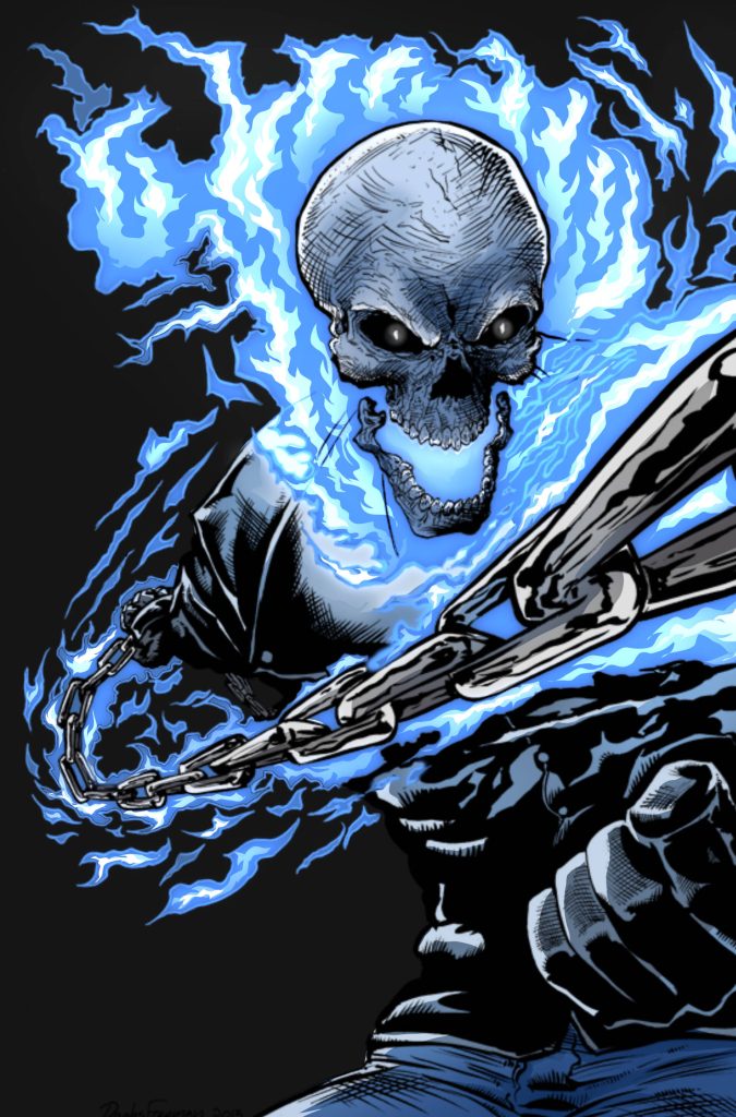 Ghost Rider comic wallpaper electric blue flames heavy metal chains dark fantasy background