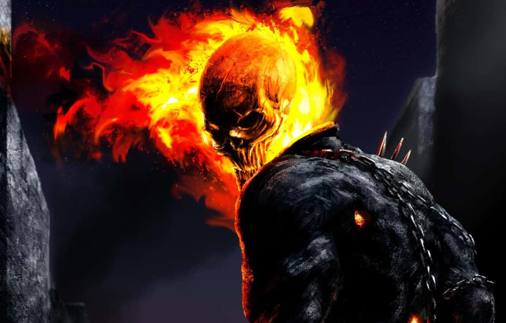 Ghost Rider digital art with fiery skull bright flames dark background metallic chains wallpaper