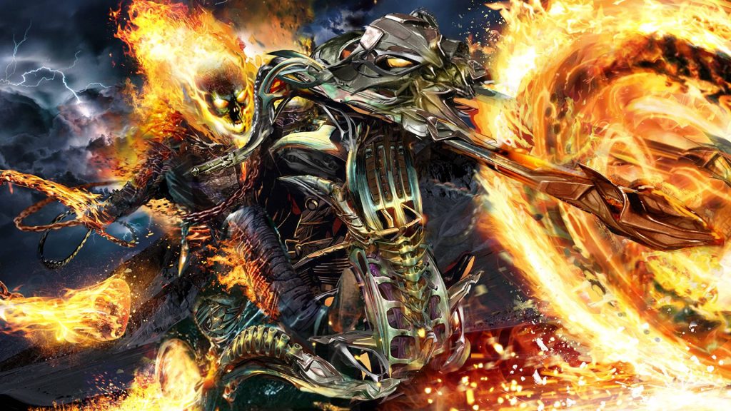 Ghost Rider CGI wallpaper showing flaming skull on biomechanical motorcycle in lightning storm