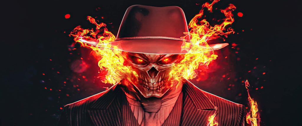 Ghost Rider digital art wallpaper with flaming skull glowing red eyes in pinstripe suit and fedora