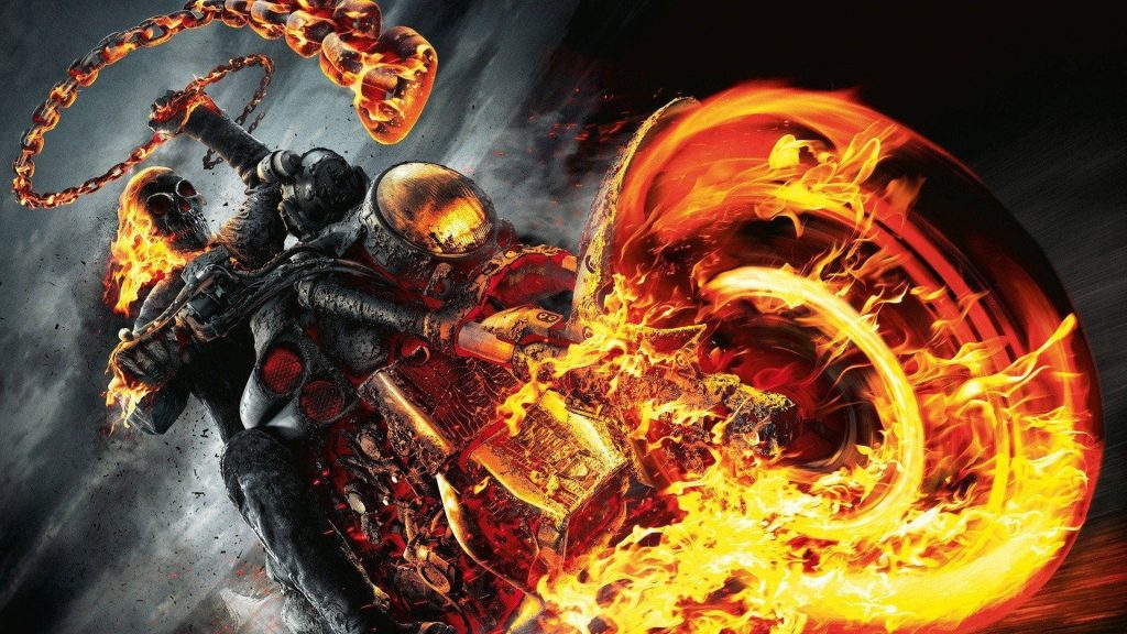 Ghost Rider racing flaming motorcycle swinging burning chain dark smoky cinematic wallpaper