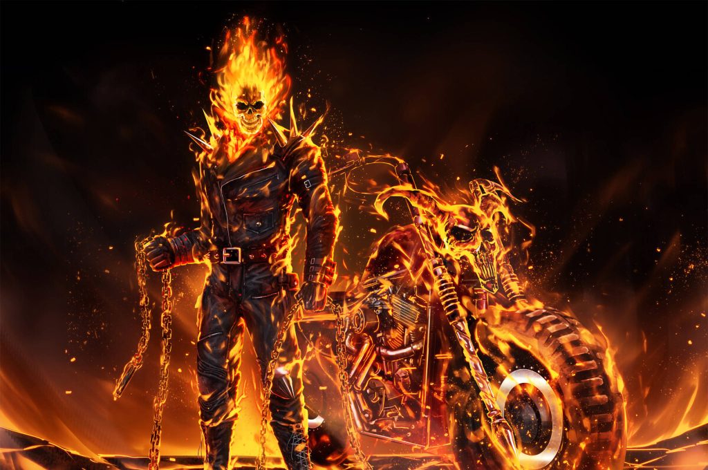Ghost Rider digital art with flaming skull leather jacket and fiery motorcycle wallpaper background