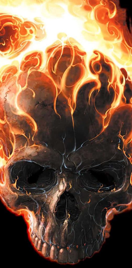 Ghost Rider flaming skull digital art with vibrant fiery hellfire on black background wallpaper