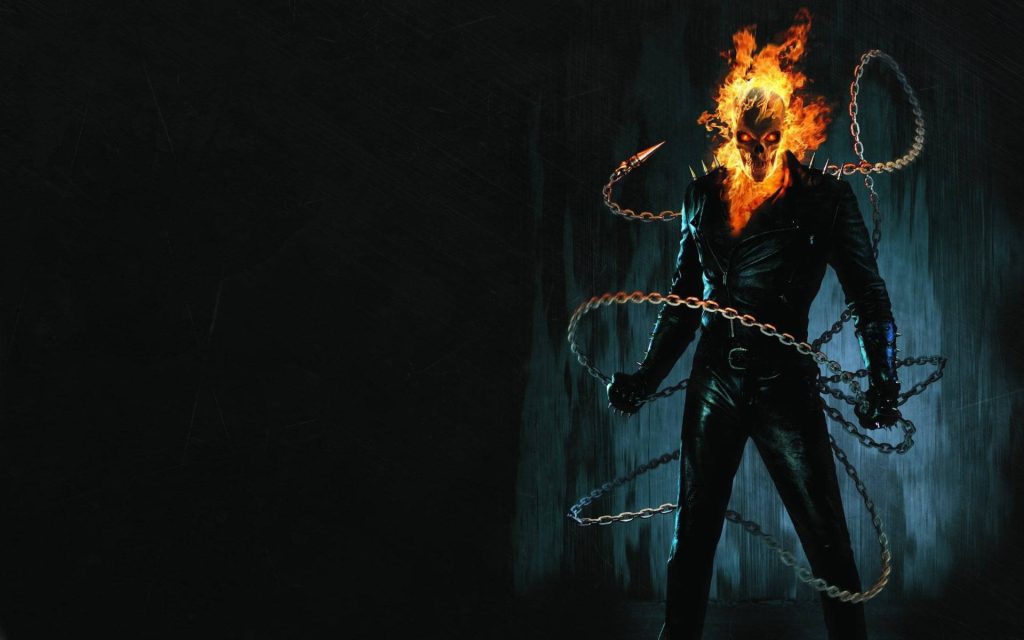 Ghost Rider wallpaper with flaming skull leather jacket and swirling metal chains digital art