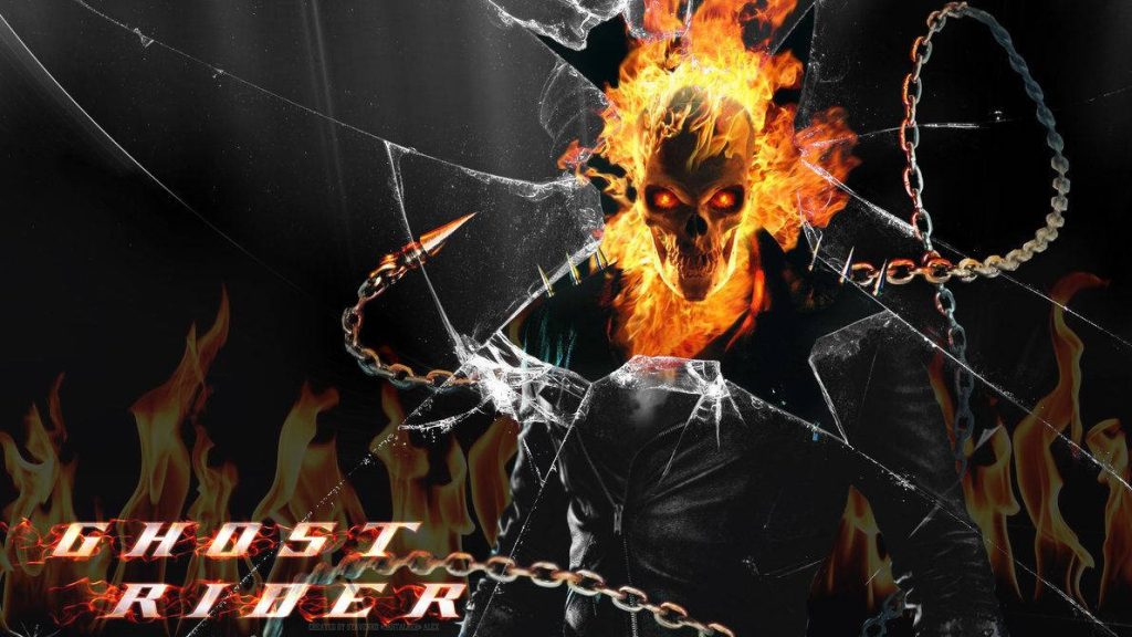 Ghost Rider flaming skull glowing eyes through shattered glass with chains fire wallpaper background