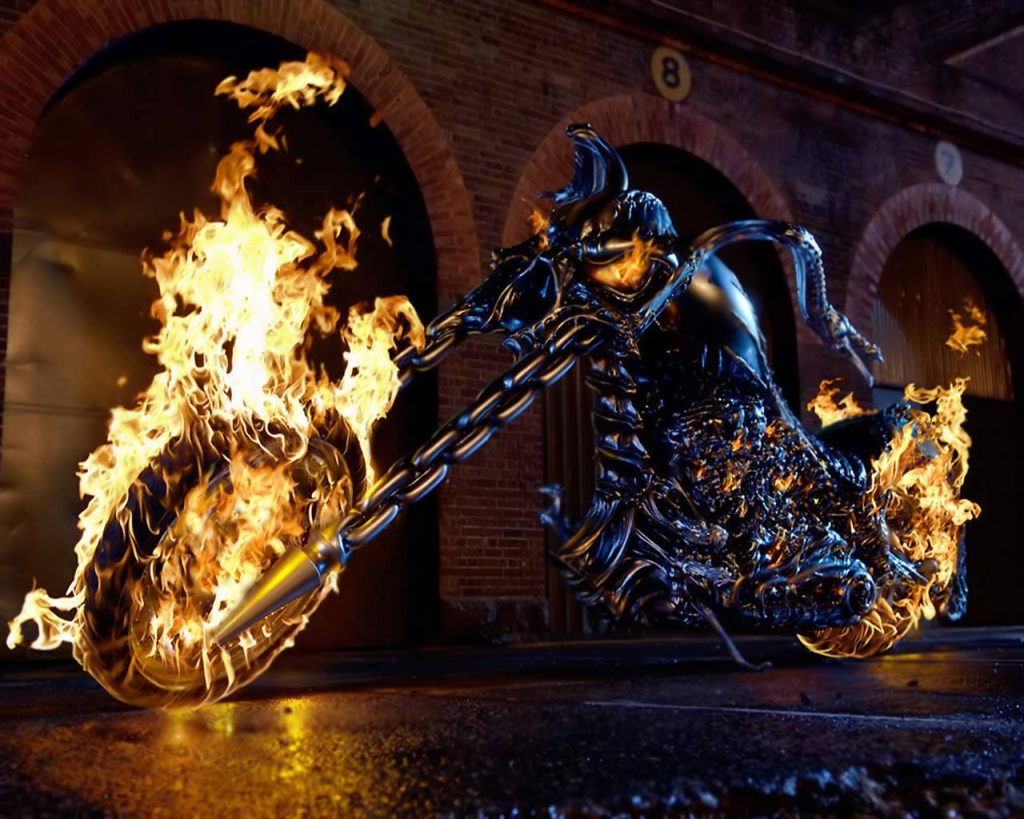 Ghost Rider Hell Cycle 3D wallpaper with glowing flames in dark industrial brick alley background