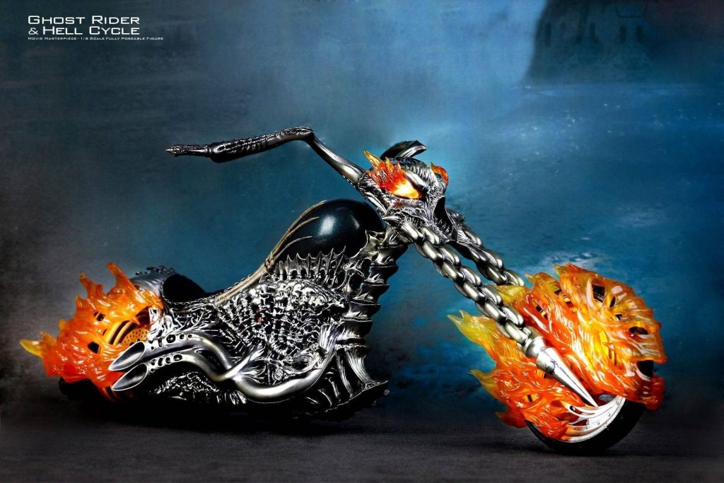 Ghost Rider Hell Cycle 1/6 scale collectible with metallic skull chain forks and translucent flames Wallpaper
