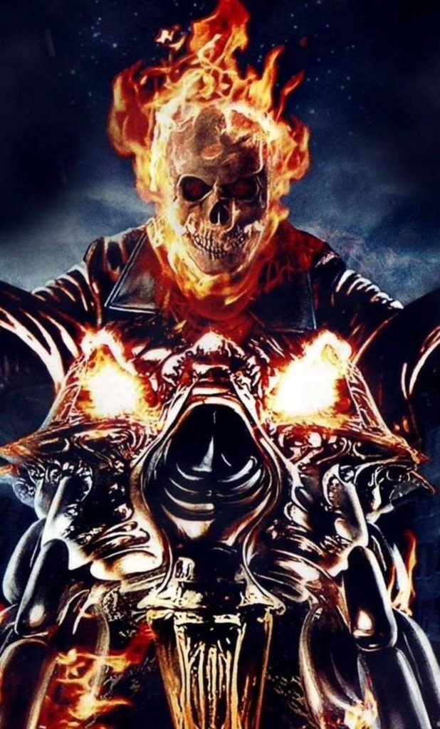 Ghost Rider Hellfire wallpaper with flaming skull riding motorcycle fire digital art background