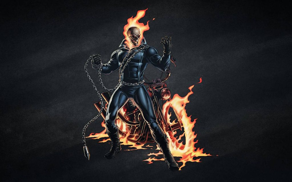 Ghost Rider Marvel art wallpaper with flaming skull chain leather jacket and burning motorcycle