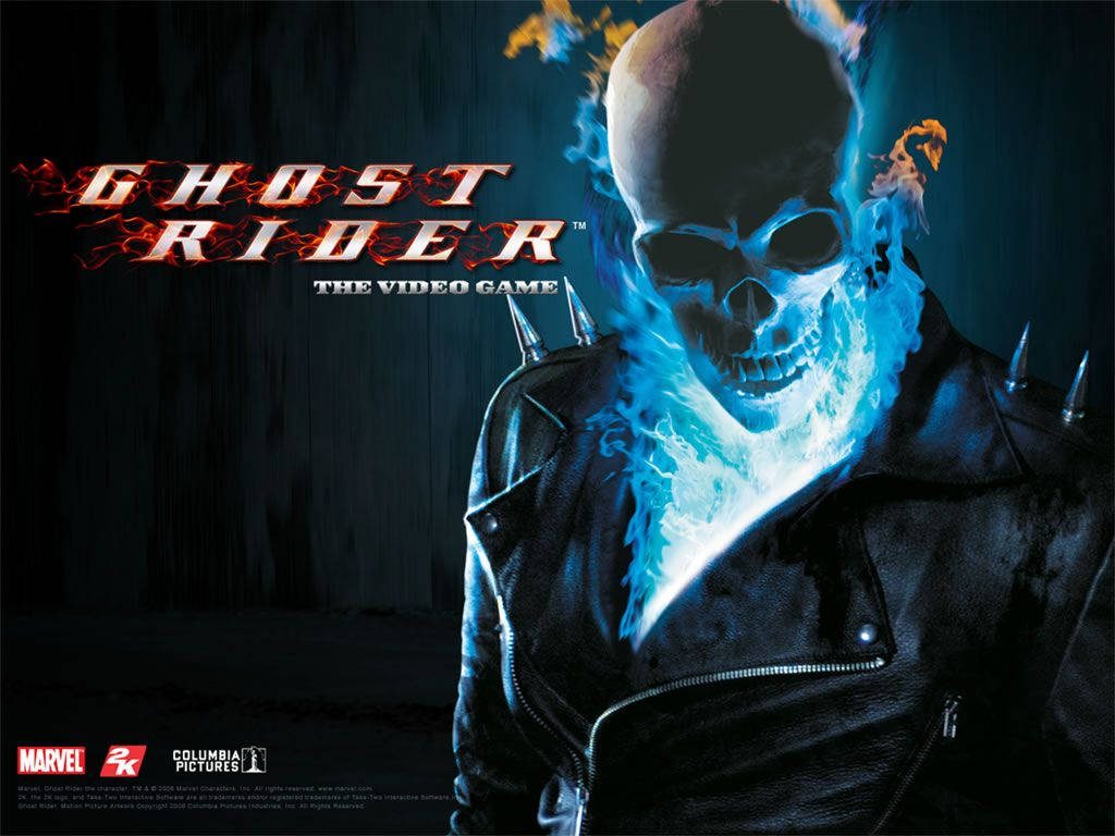 Ghost Rider video game poster with flaming skull and studded leather jacket on dark background Wallpaper