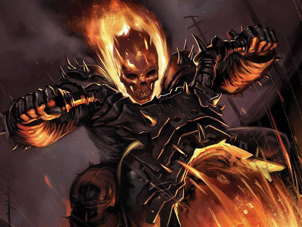 Ghost Rider digital wallpaper with blazing skull and spiked leather armor on dark background