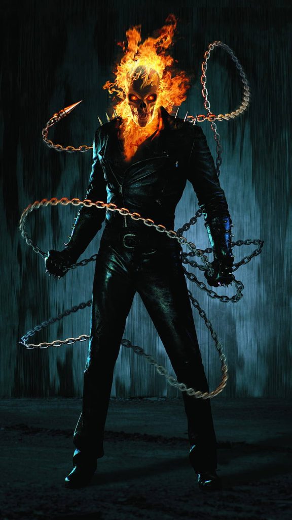 Ghost Rider wallpaper fiery skull black leather chains dark cinematic Marvel digital art background