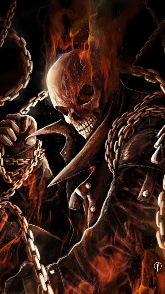 Ghost Rider digital illustration with flaming skull and metal chains on dark fiery background Wallpaper