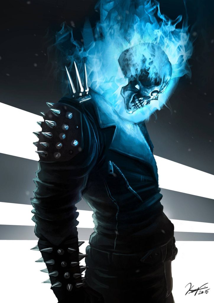 Marvel Ghost Rider in blue flames wearing spiked leather jacket dark background wallpaper