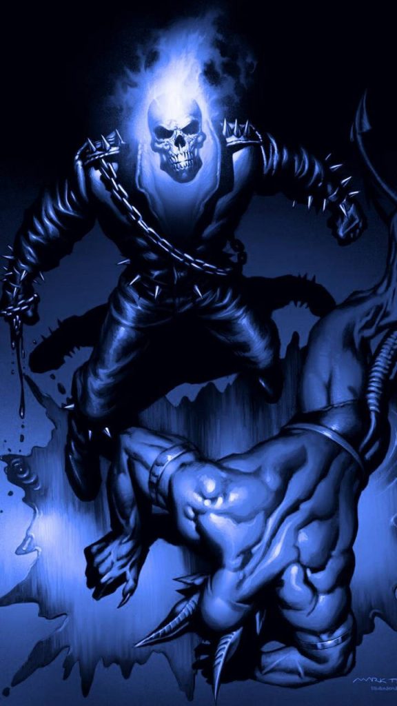 Ghost Rider attacking spiked demon in intense monochromatic blue comic style wallpaper background