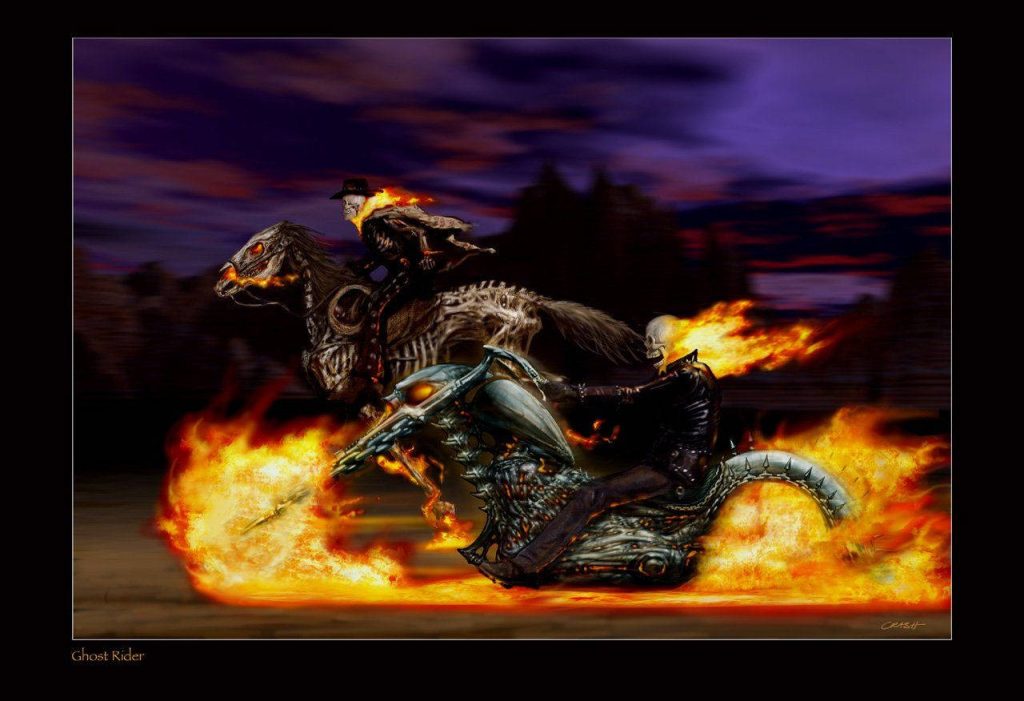 Flaming skull rider and skeletal gunslinger race on fiery undead mounts in dark twilight wallpaper