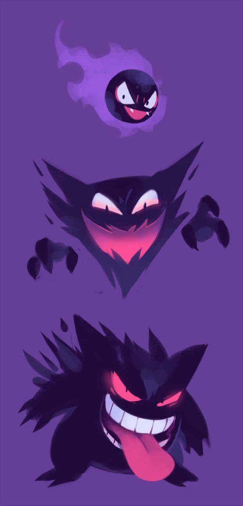 Playful digital wallpaper of Gastly Haunter and Gengar stacked vertically on purple background