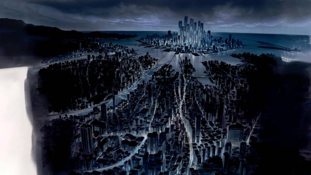 Ghost in the Shell cyberpunk cityscape at night with glowing skyscrapers and blue lights Wallpaper